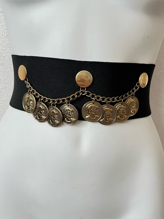 Vintage Accessories - Vintage Coin Black Wide Elastic Cinch Belt Womens S/M Retro